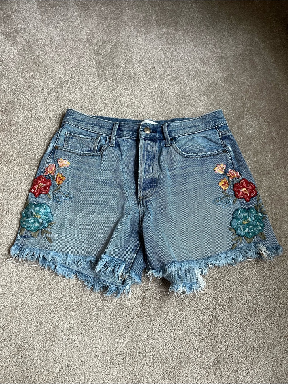 Driftwood Goldie Embroidered floral Denim Shorts BlueWomens Size 28